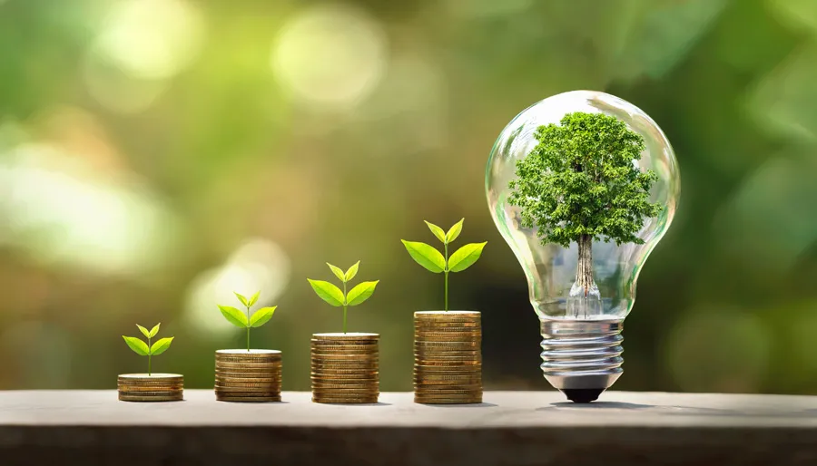 Seedlings growing from stacks of coins beside a light bulb, illustrating energy savings